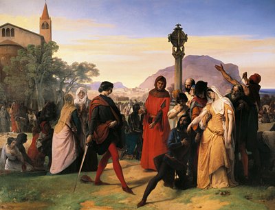 Vísperas sicilianas, la novia de Ruggiero Mastrangelo de Palermo insultada por el francés Droetto es vengada con su muerte de Francesco Hayez