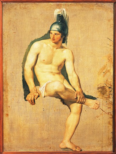 Estudio de Guerrero Desnudo Sentado con Casco en la Cabeza de Francesco Hayez