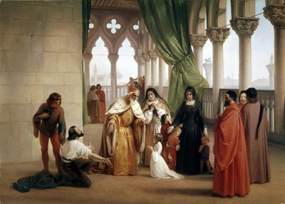 Los dos Foscari: Francesco Foscari, Dogo de Venecia desterrando a su hijo Jacopo acusado de correspondencia traicionera mientras estaba en el exilio de Francesco Hayez
