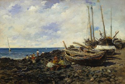Pescadores con barcas en la orilla de Francesco Lojacono