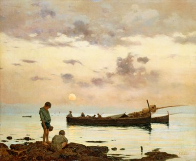 Puerto deportivo con barca de pesca y niños, de Francesco Lojacono (1838-1915), óleo sobre lienzo, 64x77 cm de Francesco Lojacono