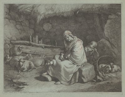 Interior de un establo con una hilandera sentada y un niño dormido de Francesco Londonio