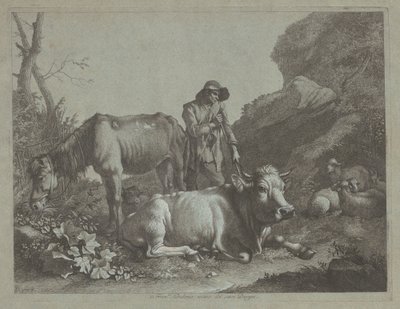 Pastor Descansando sobre un Bastón con un Caballo Viejo y un Toro Reclinado, después de 1767 de Francesco Londonio