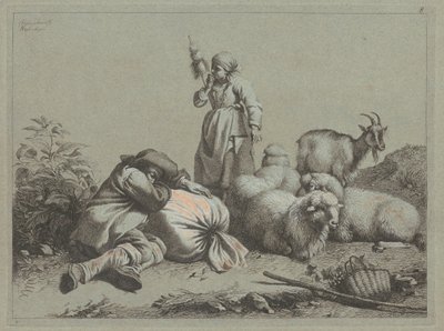 Campesino durmiendo y hilandera de pie de Francesco Londonio
