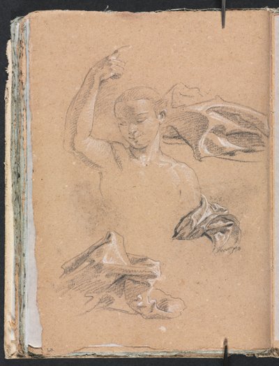 Cuaderno de Bocetos de Verona: Figura con brazo derecho levantado y estudios de drapeado página 68, 1760 de Francesco Lorenzi