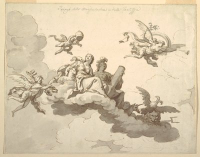 Dibujo, Diseño para un techo pintado: Triunfo de la mansedumbre y la fuerza, ca. 1780 de Francesco Manno