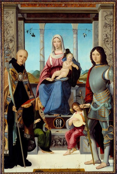 La Virgen y el Niño rodeados por San Benito de Nursia y San Quintín con dos ángeles de Francesco Marmitta