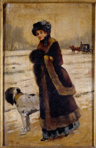 Joven mujer con un perro. Joven burguesa con piel y manga. Pintura de Francisco Miralles Galup (1848-1901) siglo XIX Colección privada de Francesco Miralles Galaup