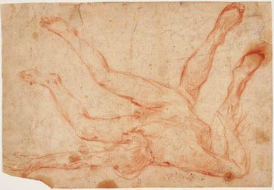 Un desnudo masculino reclinado sobre su espalda con las piernas levantadas, y un estudio de un par de piernas levantadas vistas desde atrás de Francesco Montelatici