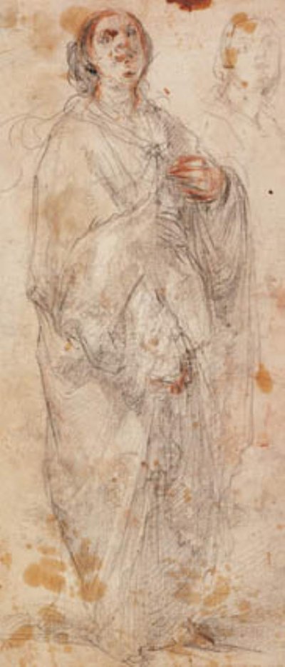 Mujer de pie, muy vestida, mirando hacia arriba, y un boceto para su cabeza de Francesco Montelatici