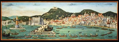 Tavola Strozzi que representa el paseo marítimo de Nápoles y el regreso de la flota aragonesa de la batalla de Ischia. de Francesco Pagano