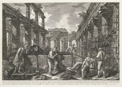 Impresión de título con restos del Templo de Neptuno en Paestum con título en bloques Diferentes vistas de los restos de tres grandes edificios que siguen en pie en Paestum (título de la serie) Différentes vues de quelques restes de trois grands édifices q de Francesco Piranesi