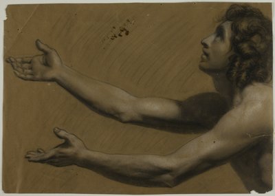 Joven mirando hacia arriba con los brazos extendidos (anverso); mujer sosteniendo un espejo (reverso) de Francesco Podesti