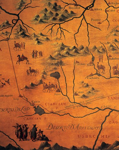 (detalle) de la ruta de Marco Polo a través de los desiertos orientales, mapa de Tartaria de Francesco and Ramusio Giovan Battista Grisellini