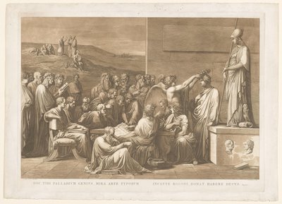 Allegorische verheerliking van de boekdrukker Giovanni Battista Bodoni Este genio del paladio, el maravilloso arte de los tipos / el famoso Bodoni, te da el honor de tener (título sobre objeto) de Francesco Rosaspina