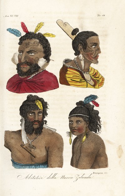 Retratos de guerreros maoríes, Nueva Zelanda Hombres y niños con tatuajes faciales y plumas en el pelo. Grabado en cobre coloreado a mano por Francesco Rosaspina según William Hodges y Piron de la obra de Giulio Ferrario Ancient and Modern Costumes of All  de Francesco Rosaspina