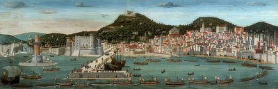 Tavola Strozzi. Vista de Nápoles, la flota de los aragoneses entra en el puerto el 12 de julio de 1465 de Francesco Rosselli