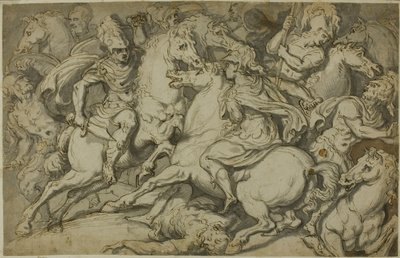 Escaramuza de caballería (anverso); Ecorché arrodillado (reverso) de Francesco Salviati