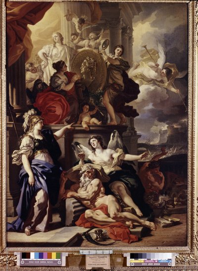 Alegoría del reinado. El medallón del centro representa el rostro de la reina Catalina II de Rusia (1729-1796). Pintura de Francesco Solimena (1657-1747). Óleo sobre tela de Francesco Solimena