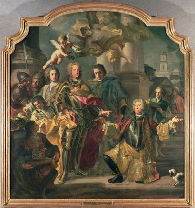 Gundaker Conde Althann entregando al Emperador Carlos VI (Carlos III de Hungría) el Inventario de la Colección de Pinturas Imperial en el Stallburg de Francesco Solimena