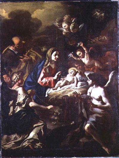 Natividad con ángeles adoradores y anunciación a los pastores de Francesco Solimena