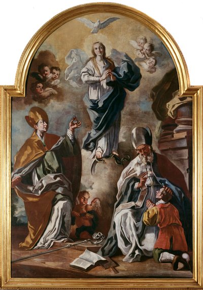 La paloma del Espíritu Santo aparece sobre la Virgen con santos de Francesco Solimena
