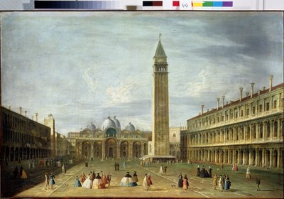 Plaza de San Marcos (San Marco) (o Piazzetta) en Venecia con la Basílica de San Marcos y el Campanile. (La plaza de San Marcos en Venecia). Pintura de Francesco Tironi (1745-1797). Óleo sobre lienzo, 72 x 109 cm. Arte veneciano del siglo XVIII. Arca del Mu de Francesco Tironi