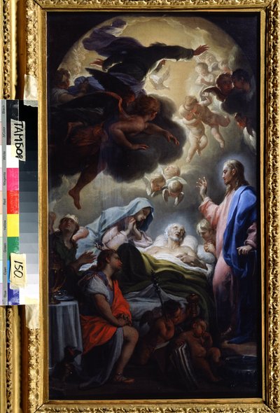 La muerte de José (la muerte de José). Representación de la Santísima Trinidad: Jesucristo, Dios y la paloma del Espíritu Santo (Espíritu Santo). Pintura de Francesco Trevisani (1656-1746). Óleo sobre lienzo, 69,5 x 39,5 cm de Francesco Trevisani