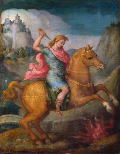 "" Marcus Curtius "" El valiente Marcus Curtius, un ciudadano romano, se sacrificó a los dioses romanos arrojándose a un abismo en un foro en 362 aC - Pintura de Francesco Ubertini o Francesco d