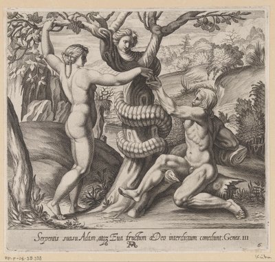 Eva le ofrece a Adán el fruto prohibido Pinturas en la Logia de Rafael (título de la serie) La Sacra Genesi (título de la serie) de Francesco Villamena