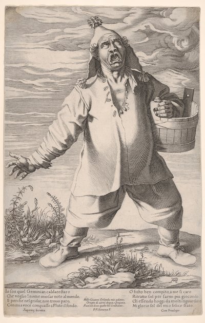Geminiano Caldarostaro gritando y sosteniendo una tina, con un sombrero con borlas, ca. 1597-1601 de Francesco Villamena