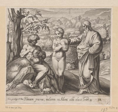 Dios crea al hombre y a la mujer Pinturas en la Logia de Rafael (título de la serie) La Sacra Genesi (título de la serie) de Francesco Villamena