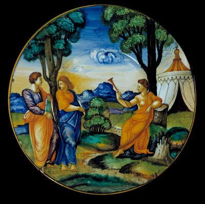 Plato de loza hecho por Francesco Xanto Aveli representando el Parnaso de Francesco Xanto Avelli