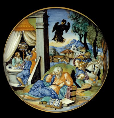 Corte de pierna baja: Alegoría del destino. Loza. Hecho por Francesco Avelli Xanto (activo alrededor de 1530/1540) de Francesco Xanto Avelli