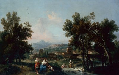 Un paisaje boscoso con lavanderas junto a un río de Francesco Zuccarelli