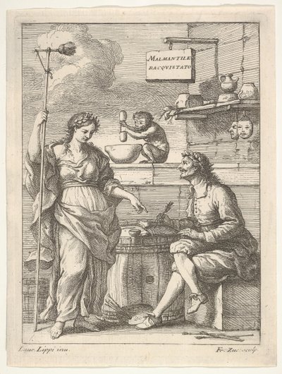 Un Mono Trabajando con un Mortero y Mano, debajo Lorenzo Lippi escribiendo su humor... de Francesco Zuccarelli