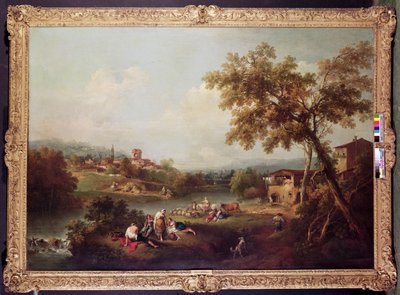 Un Extenso Paisaje Fluvial con un Pueblo de Francesco Zuccarelli