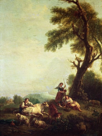 Paisaje con campesinos observando un rebaño de ganado de Francesco Zuccarelli