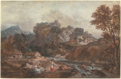 Paisaje montañoso con lavanderas y un pescador de Francesco Zuccarelli