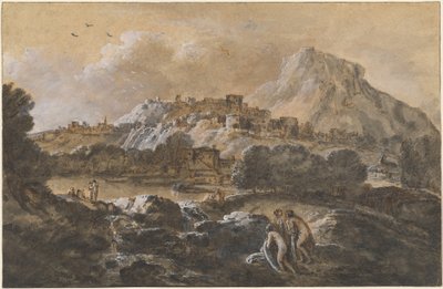 Paisaje fluvial montañoso con bañistas de Francesco Zuccarelli