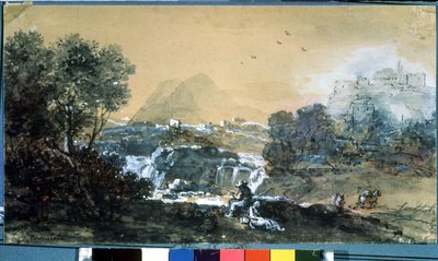 Paisaje con una cascada. Dibujo de Francesco Zuccarelli (1702-1788). Acuarela y tinta sobre papel de Francesco Zuccarelli