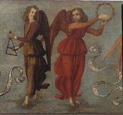 Ángeles tocando la pandereta y el triángulo, c.1475-97 (detalle) de Francesco attr. to Botticini