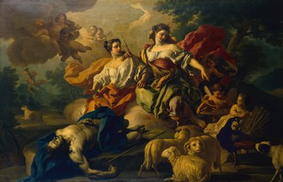 Juno coloca los ojos de Argo en la cola de un pavo real (óleo sobre lienzo) de Francesco de Mura