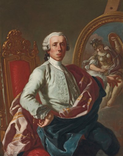 Retrato del artista, tres cuartos de longitud, sentado, sosteniendo un lápiz, en un caballete con una imagen de Minerva de Francesco de Mura
