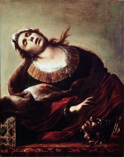 Herodías con la cabeza de Juan el Bautista. Salomé entrega la cabeza de San Juan Bautista a su madre Herodías, representada en éxtasis. de Francesco del Cairo