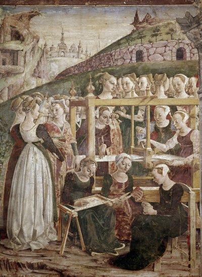 Alegoría de marzo, detalle del triunfo de Minerva con mujeres tejiendo (detalle) - fresco de Francesco del Cossa, Ferrara, Palazzo Schifanoia, Salone dei Mesi de Francesco del Cossa
