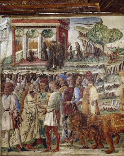 Alegoría del mes de julio, detalle del triunfo de Júpiter, una escena de boda (detalle) - fresco de Francesco del Cossa, Ferrara, Palazzo Schifanoia, Salone dei Mesi de Francesco del Cossa