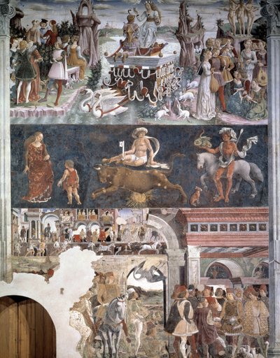Abril. Arriba: el Triunfo de Venus con las Tres Gracias y parejas besándose. En el medio: representación del signo zodiacal de Tauro. Abajo: Borso d