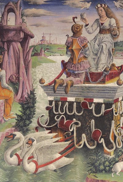 Triunfo de Venus y Signo de Tauro, escenas del Mes de Abril, pared este, Sala de los Meses, Palazzo Schifanoia, Ferrara, Emilia-Romaña, Italia, c.1470 (detalle) de Francesco del Cossa