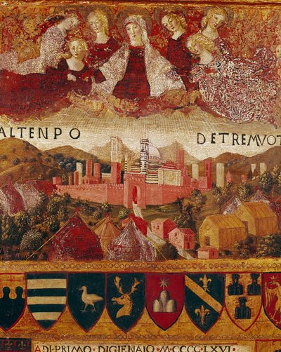 Ex voto (o ex voto): "La Virgen María protegiendo la ciudad de Siena en la época de los terremotos de 1466-1467" Detalle. Pintura en madera de Francesco di Giorgio Martini (1439-1502) que decora una Biccherna (tapa del registro contable de la ciudad de Si de Francesco di Giorgio Martini